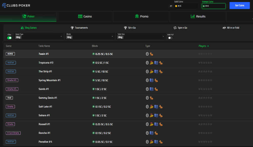 Clubs Poker cash game lobby